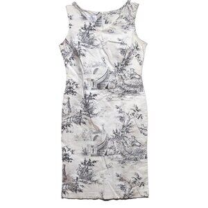 TESS Bodycon dress French Toile Colonial Pattern Sz 8 stretch Sleeveless Career